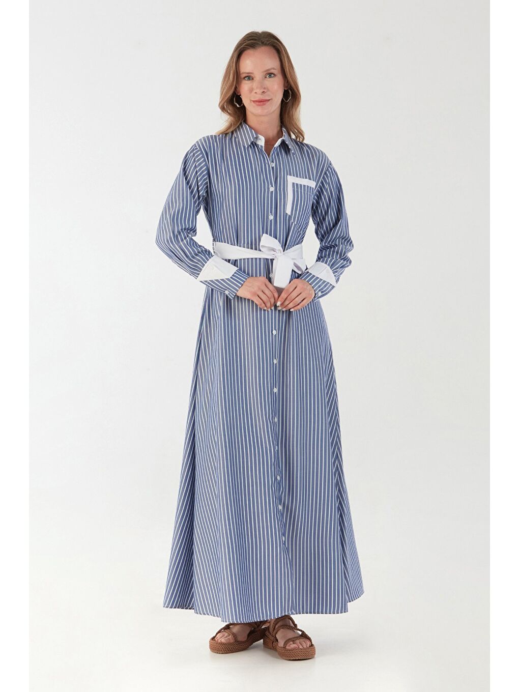 Mavi Fullamodest Çizgili Gömlek Yaka Elbise