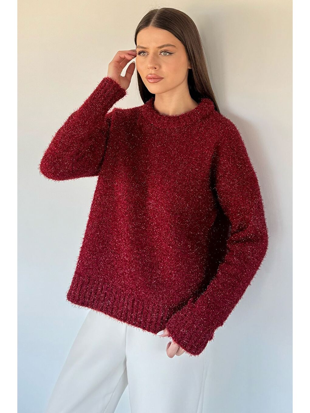 Bordo Kadın Simli Triko Kazak-1