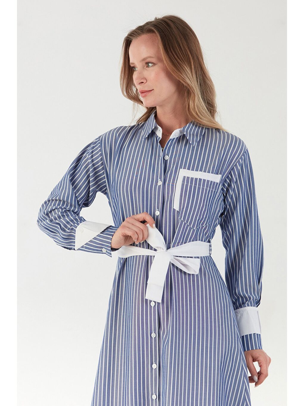 Mavi Fullamodest Çizgili Gömlek Yaka Elbise-1