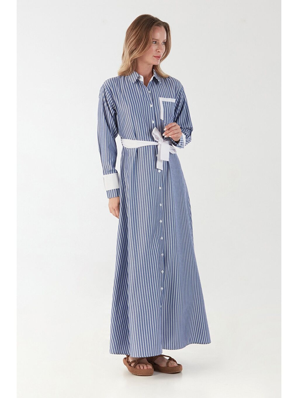 Mavi Fullamodest Çizgili Gömlek Yaka Elbise-2
