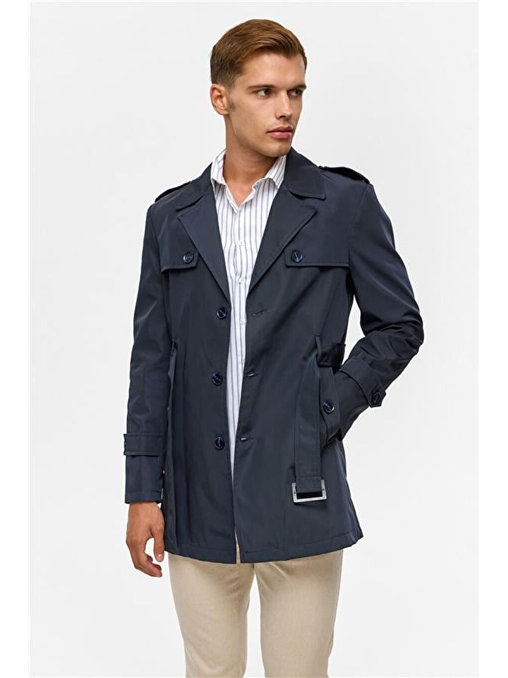 Lacivert Slim Düz Trençkot-4