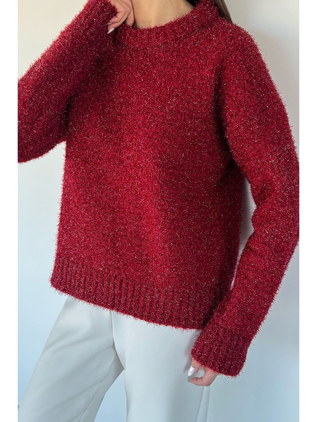 Bordo Kadın Simli Triko Kazak-2