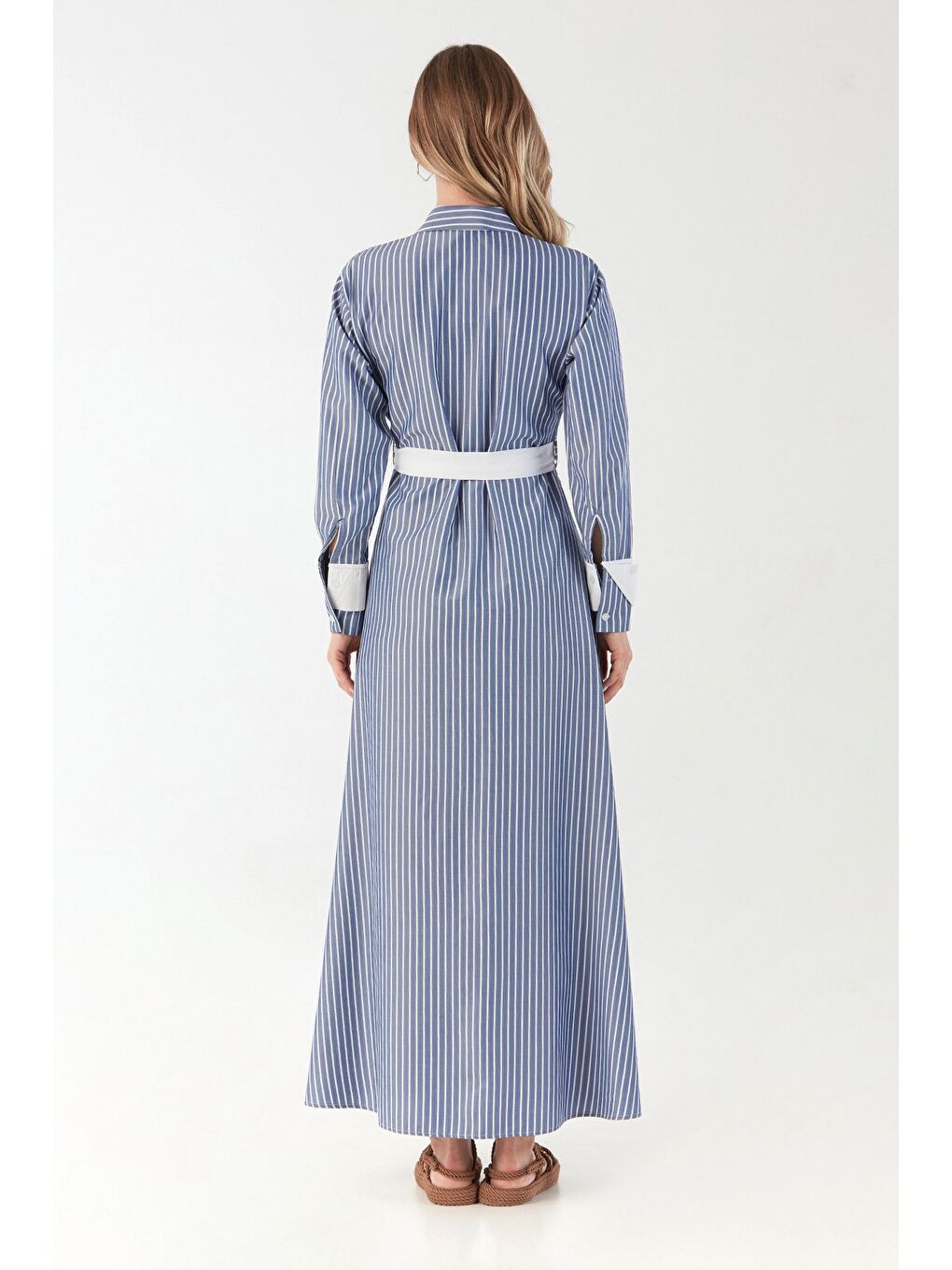 Mavi Fullamodest Çizgili Gömlek Yaka Elbise-3
