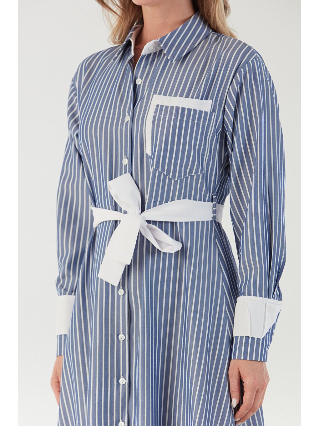 Mavi Fullamodest Çizgili Gömlek Yaka Elbise-4