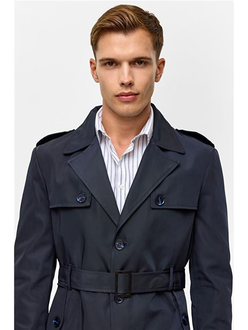 Lacivert Slim Düz Trençkot-5