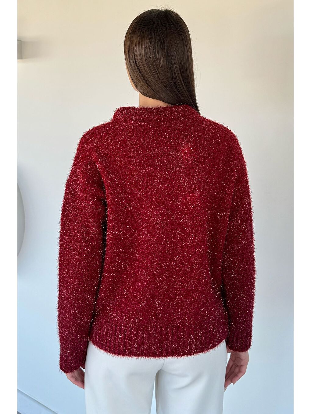 Bordo Kadın Simli Triko Kazak-3