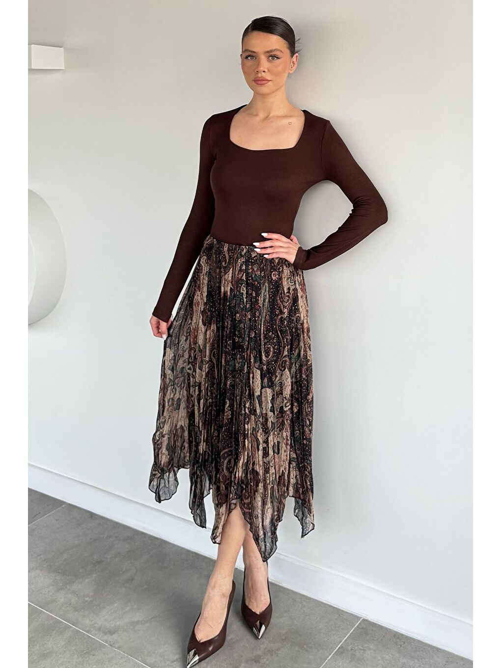 Kahverengi Kadın Astarlı Şal Desenli Asimetrik Kesim Etek