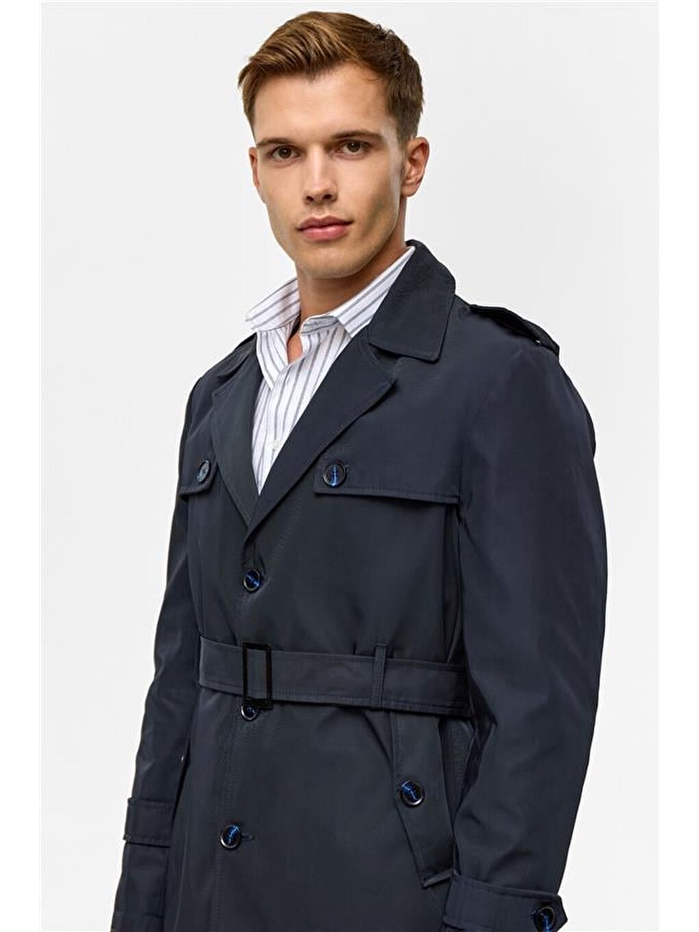 Lacivert Slim Düz Trençkot-6