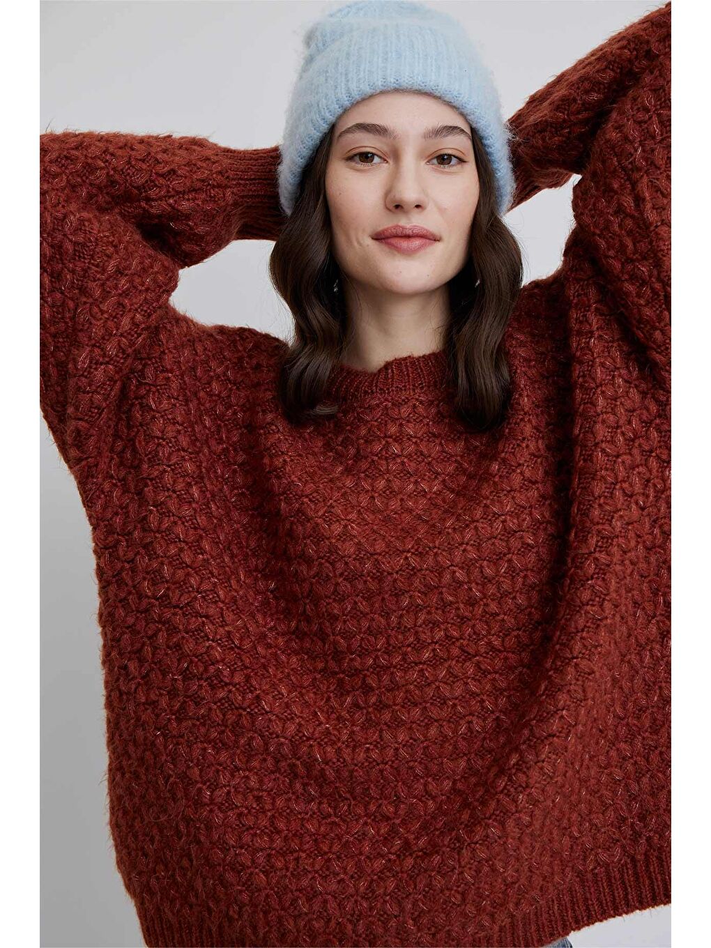 Kahverengi Desenli Örgü Triko Kazak Kiremit