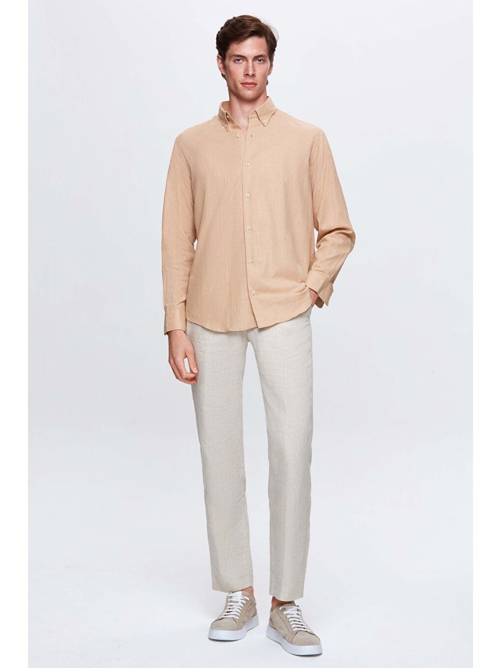 Bej Comfort Vizon Düğmeli Yaka Rahat Kesim Keten Görünümlü %100 Pamuk Gömlek-3