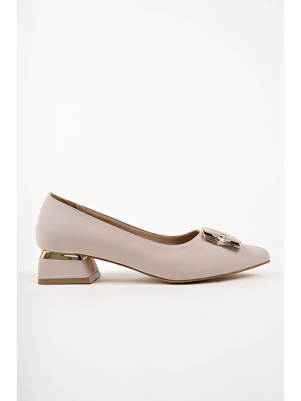 Bej VENTİ Kalın Topuk Sivri Burun Tokalı Kadın Klasik Topuklu Ayakkabı-3