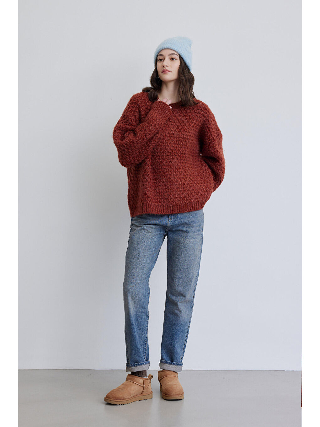 Kahverengi Desenli Örgü Triko Kazak Kiremit-1