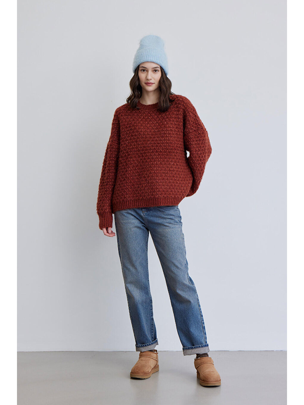 Kahverengi Desenli Örgü Triko Kazak Kiremit-2