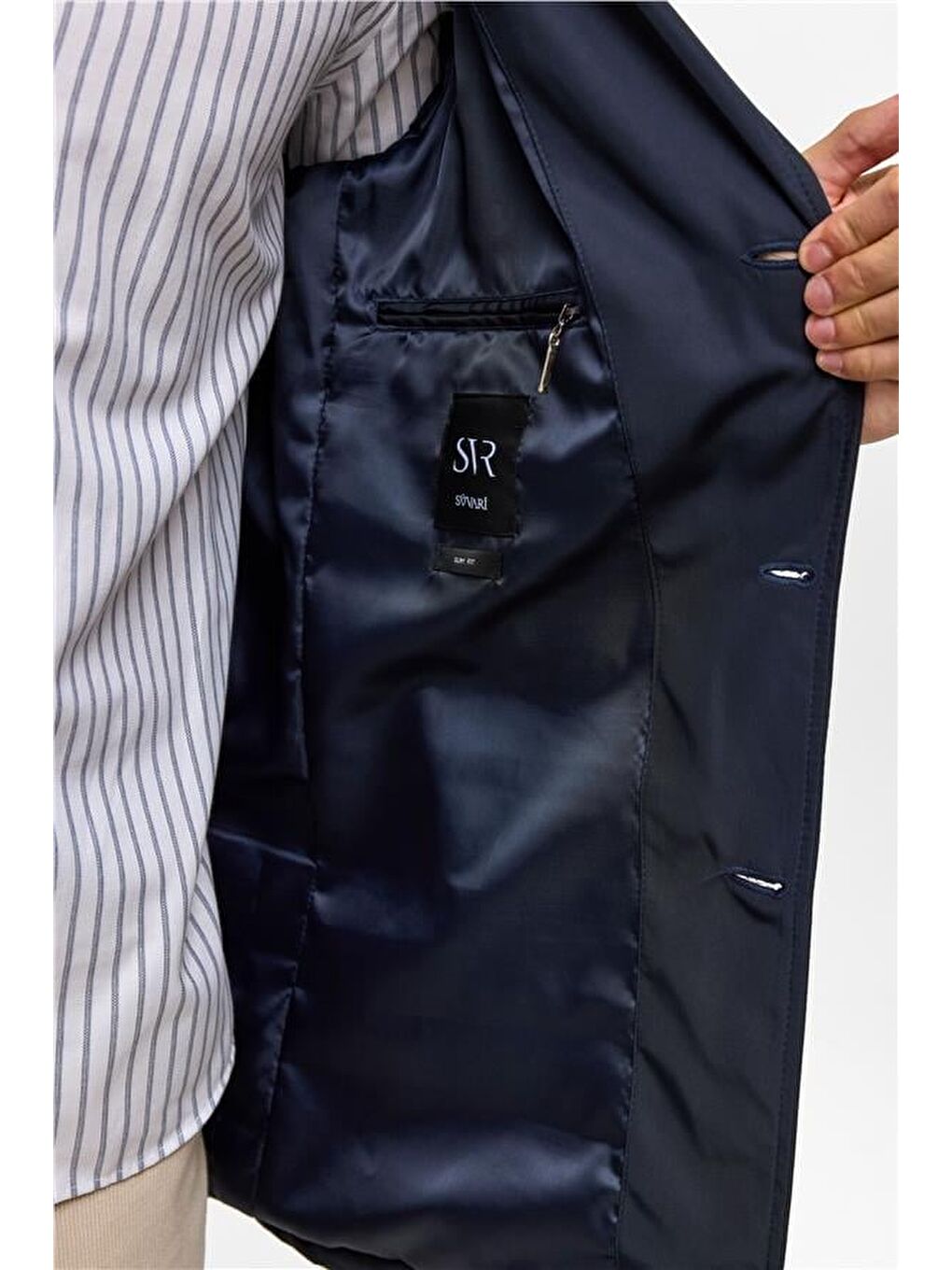 Lacivert Slim Düz Trençkot-8