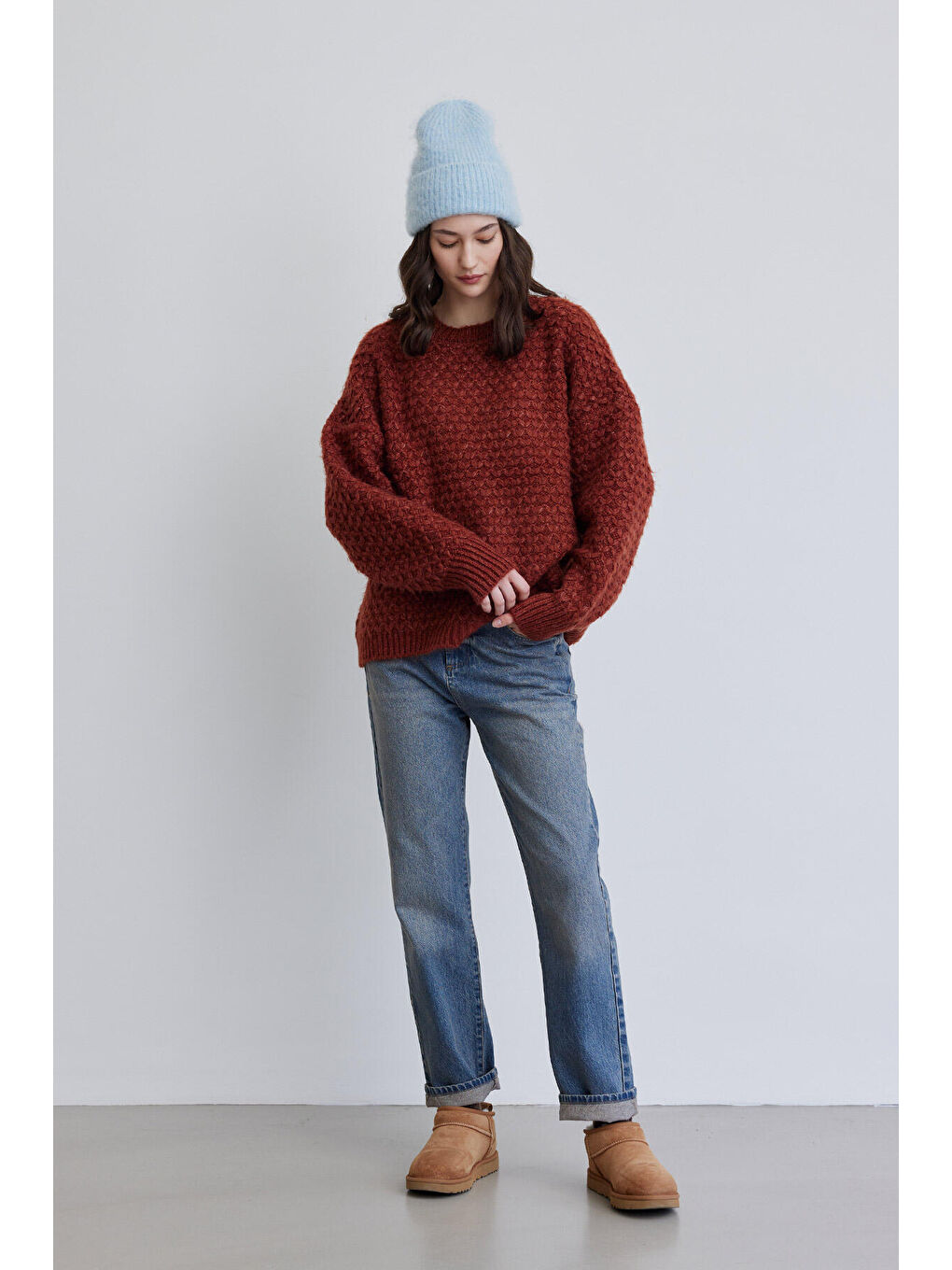 Kahverengi Desenli Örgü Triko Kazak Kiremit-3