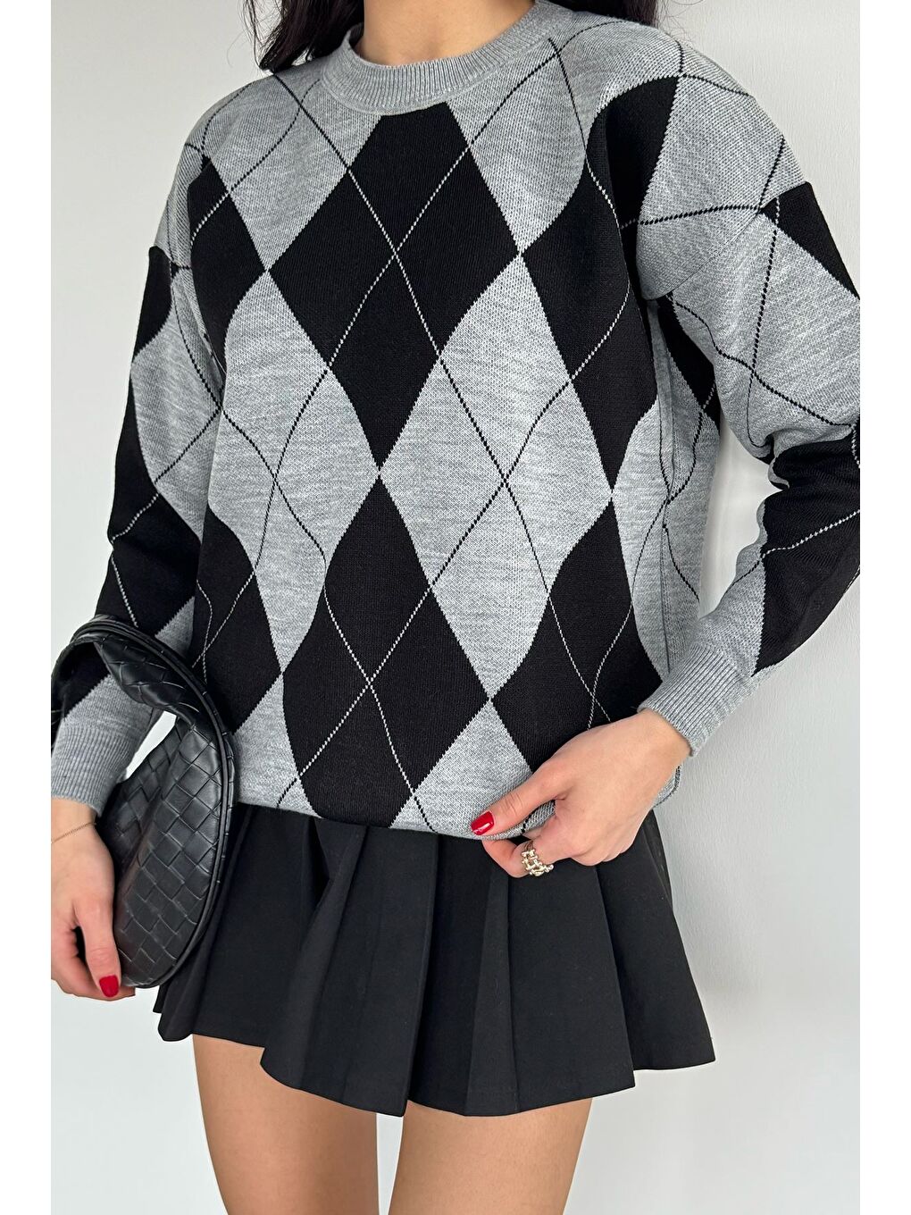 Gri Kadın Bisiklet Yaka Ekose Desenli Triko Kazak-1