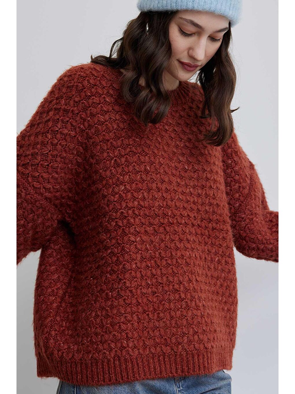 Kahverengi Desenli Örgü Triko Kazak Kiremit-4