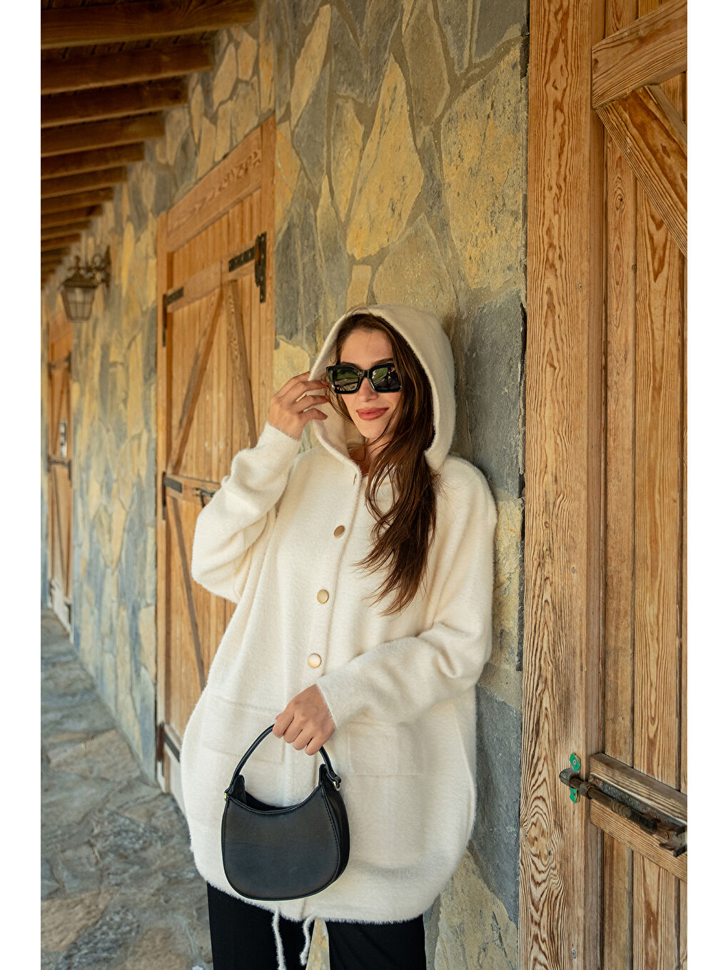 Kadın Kapüşonlu Triko Ceket Bej