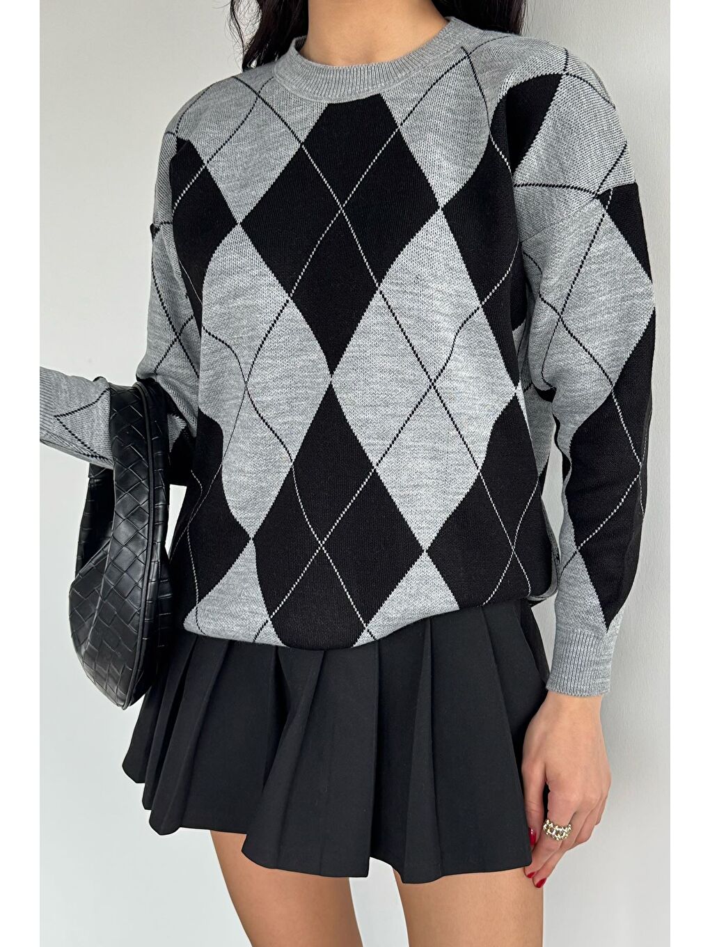 Gri Kadın Bisiklet Yaka Ekose Desenli Triko Kazak-2