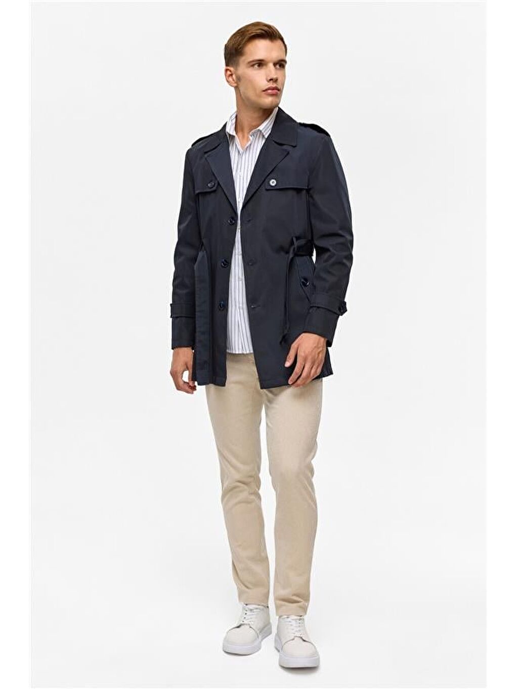 Lacivert Slim Düz Trençkot-11