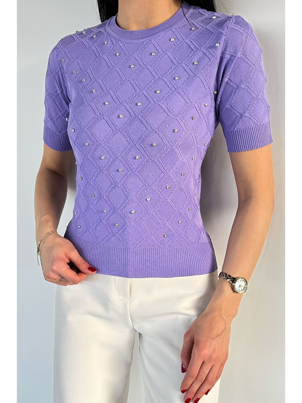 Lila Kadın Taşlı Kısa Kol Triko Bluz