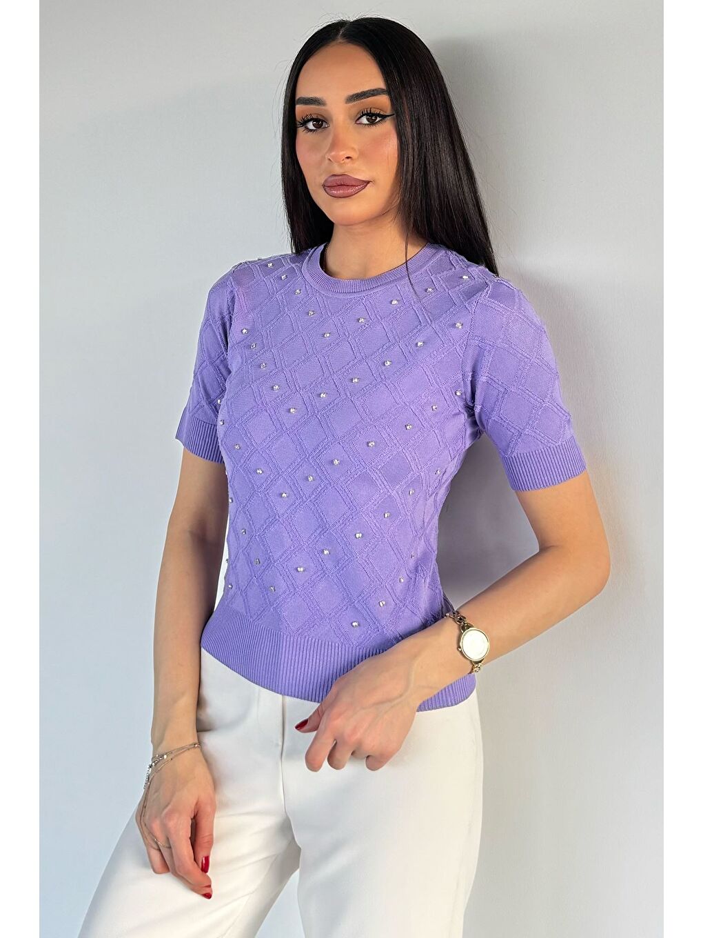Lila Kadın Taşlı Kısa Kol Triko Bluz-1