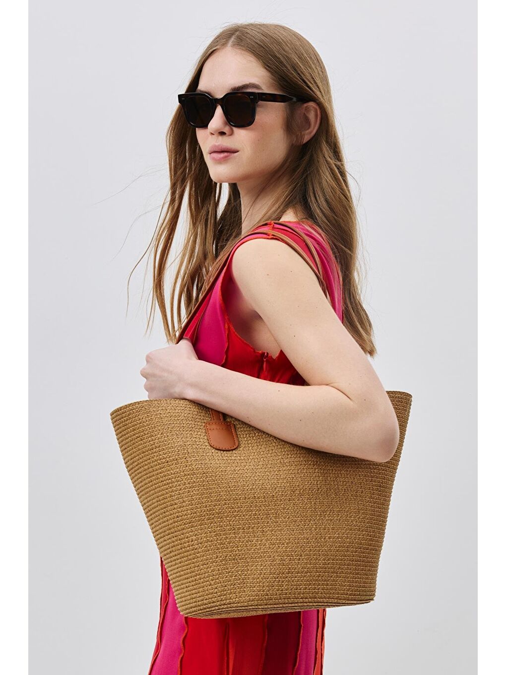 Kahverengi Askılı Hasır Omuz Çantası Y9201 Camel-3