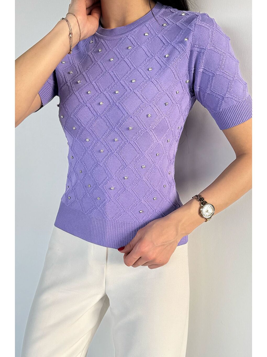 Lila Kadın Taşlı Kısa Kol Triko Bluz-2