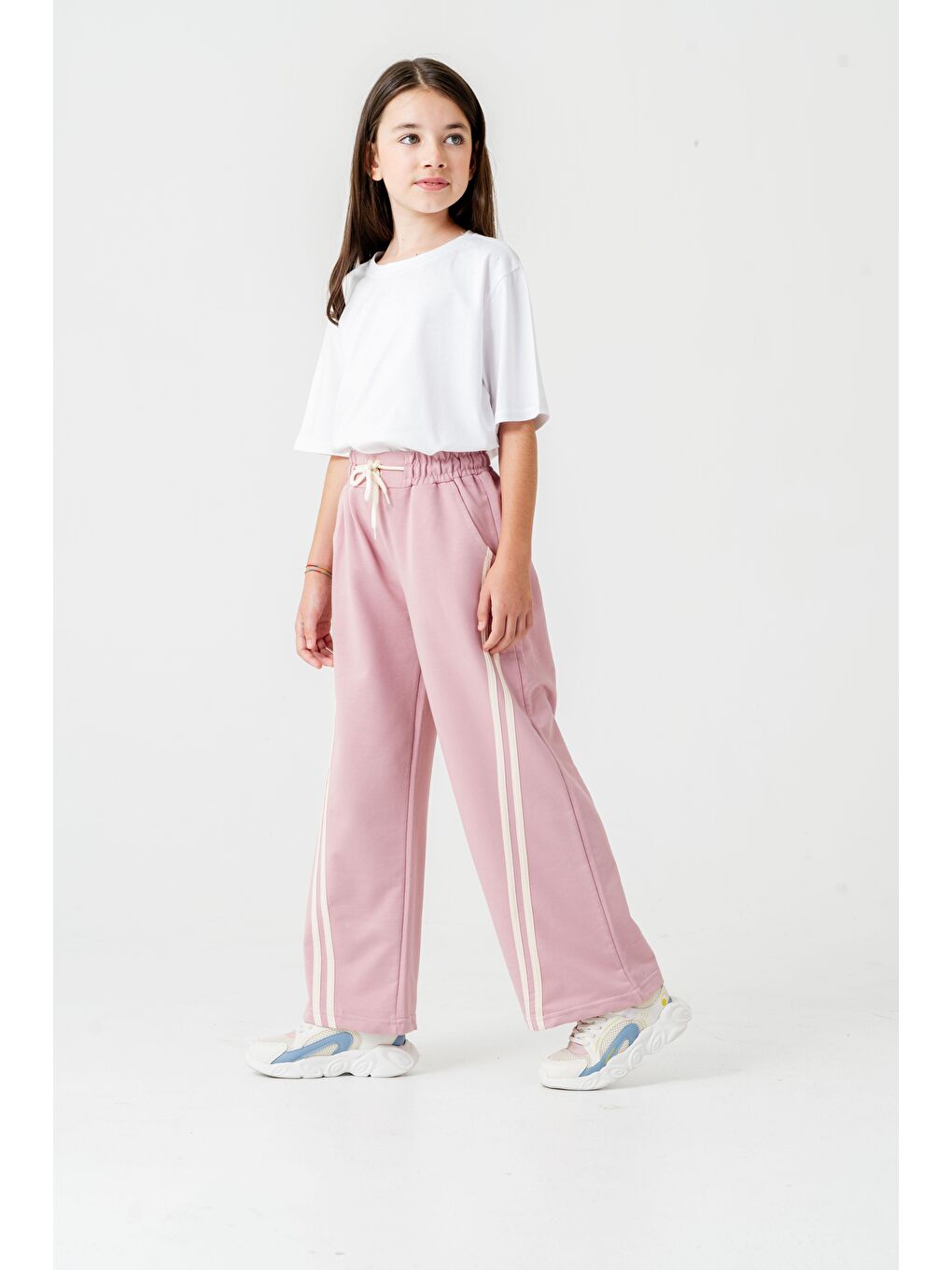 Pembe Geniş Paçalı Balık Sırtı Yanları Şeritli Kız Çocuk Eşofman Altı-2