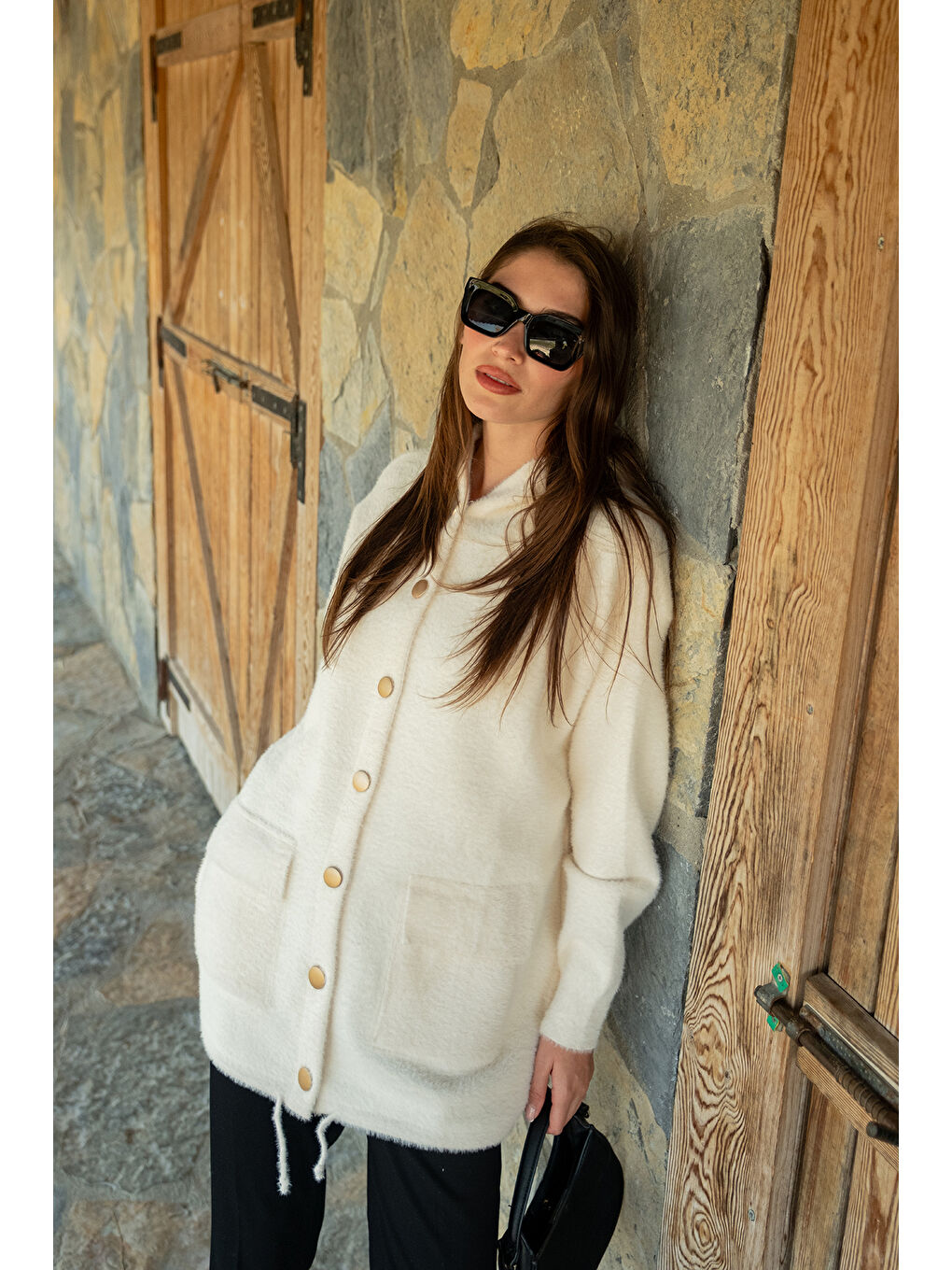 Kadın Kapüşonlu Triko Ceket Bej-1