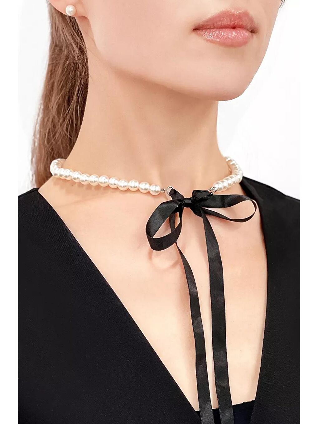Gri Amelie Coco İncili Tasma Choker Kolye-6