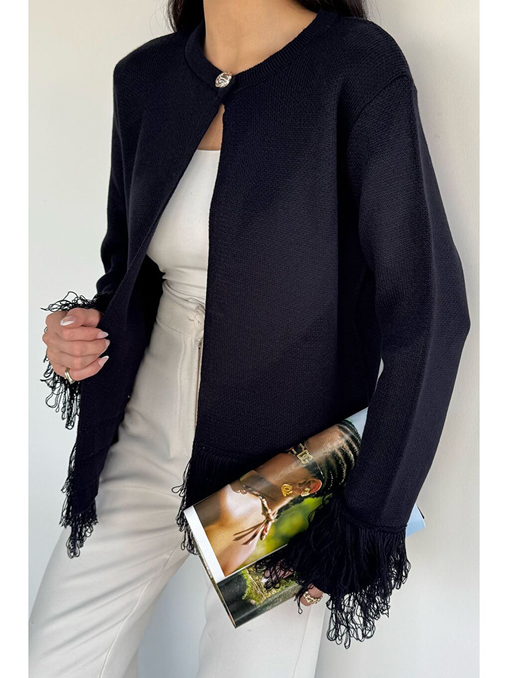 Lacivert Kadın Püsküllü Triko Hırka-2
