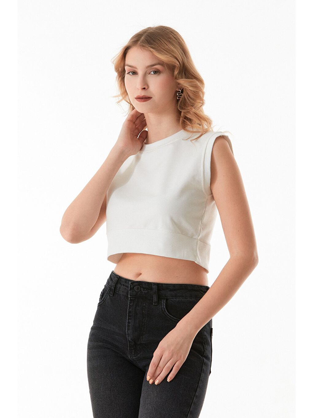 Ekru Basic Ribanalı Kolsuz Tişört