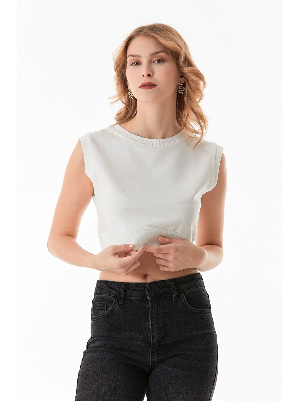 Ekru Basic Ribanalı Kolsuz Tişört-2