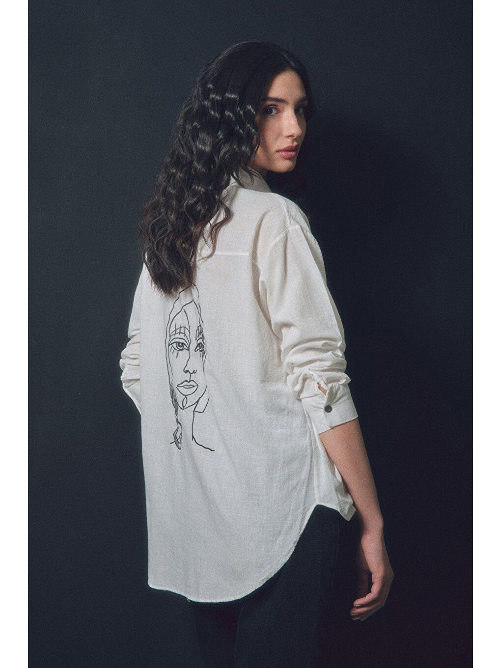 Ekru Nakışlı Uzun Kollu Salaş Keten Gömlek-2