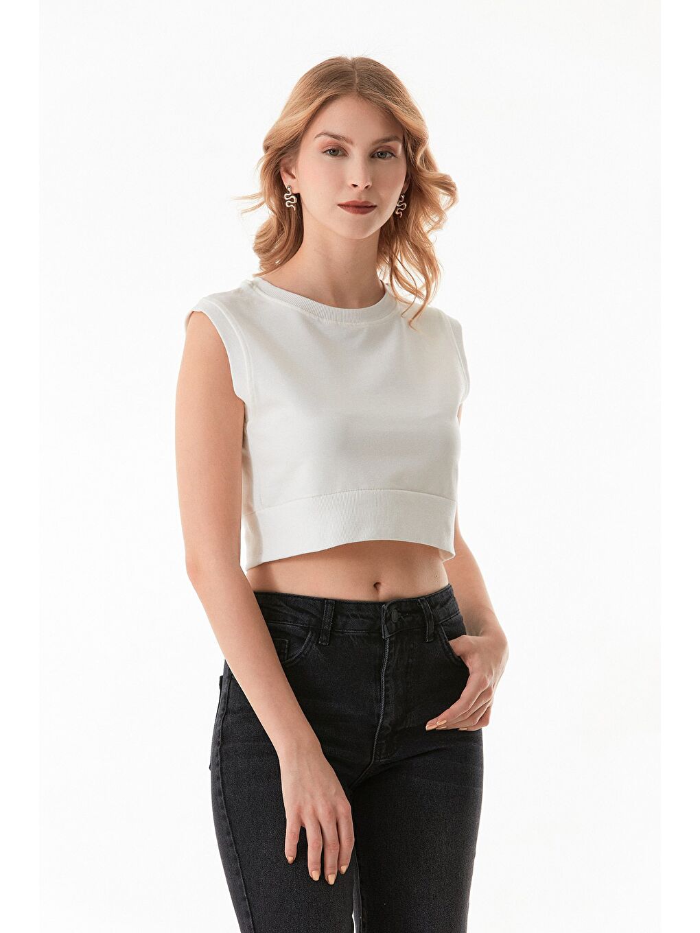 Ekru Basic Ribanalı Kolsuz Tişört-4