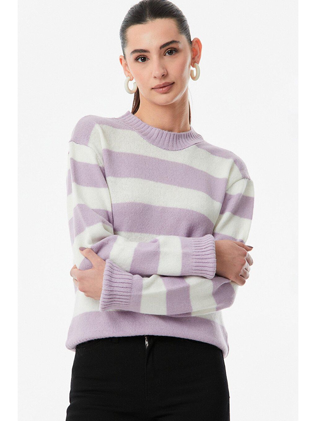Lila Çizgili Bisiklet Yaka Triko Kazak