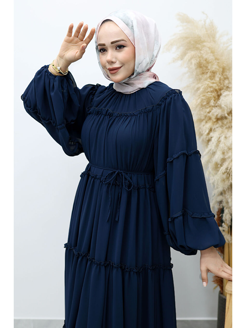 Beli Bağlamalı Fırfırlı Şifon Elbise TSD260142 Lacivert-1