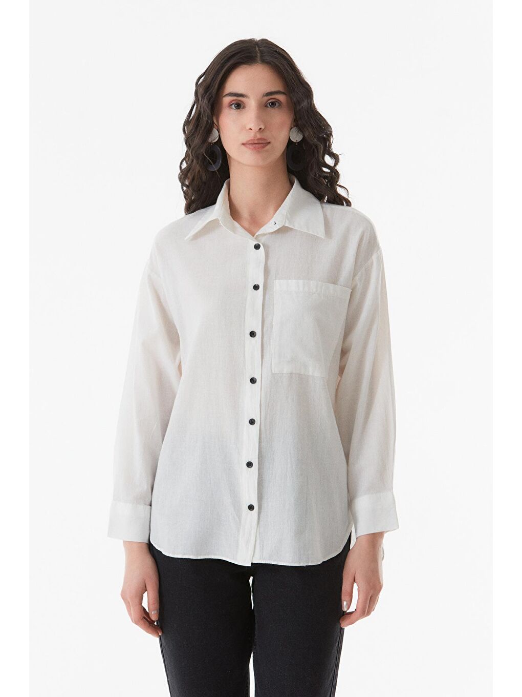 Ekru Nakışlı Uzun Kollu Salaş Keten Gömlek-3