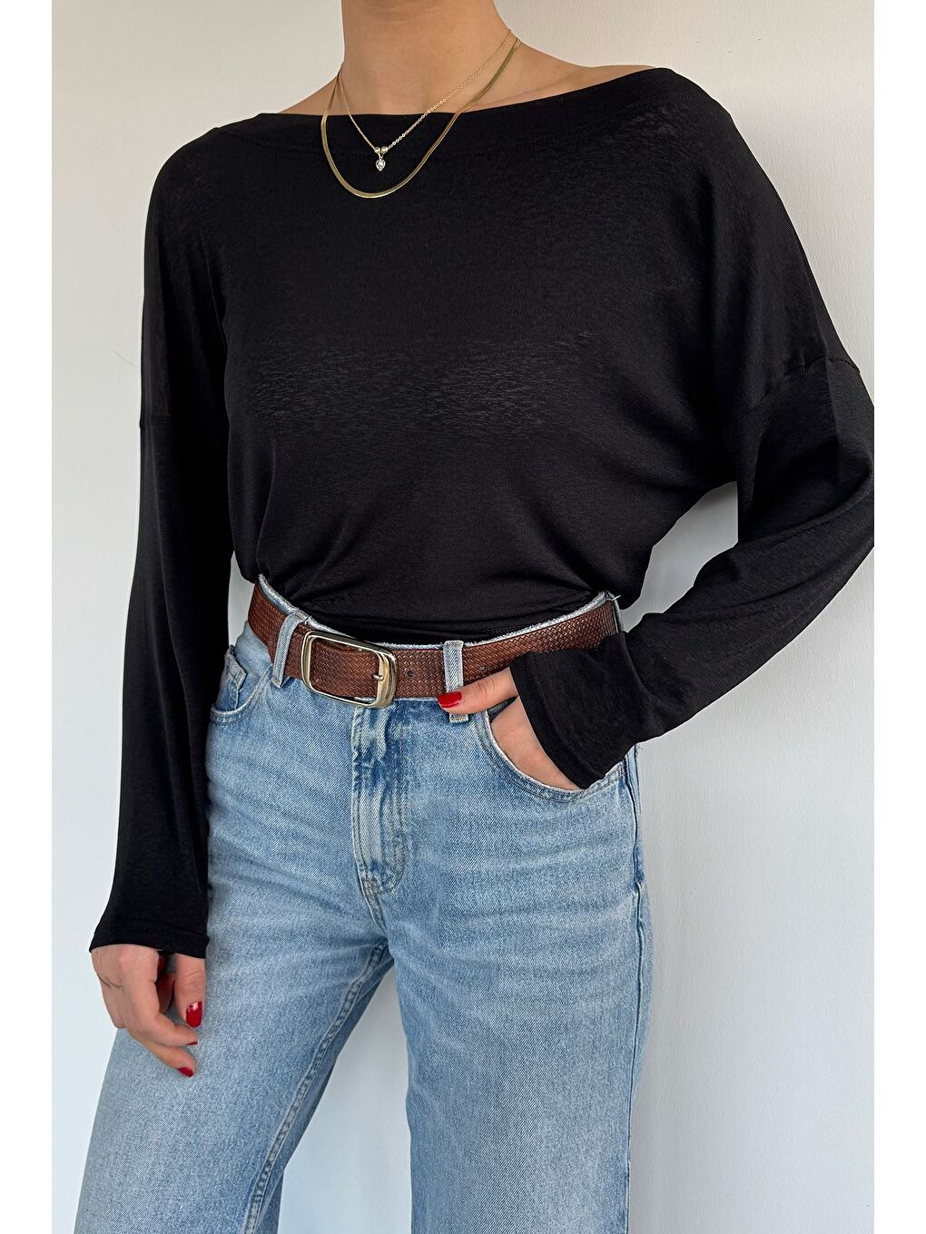 Siyah Kadın Kayık Yaka Elastanlı Basic Bluz-2