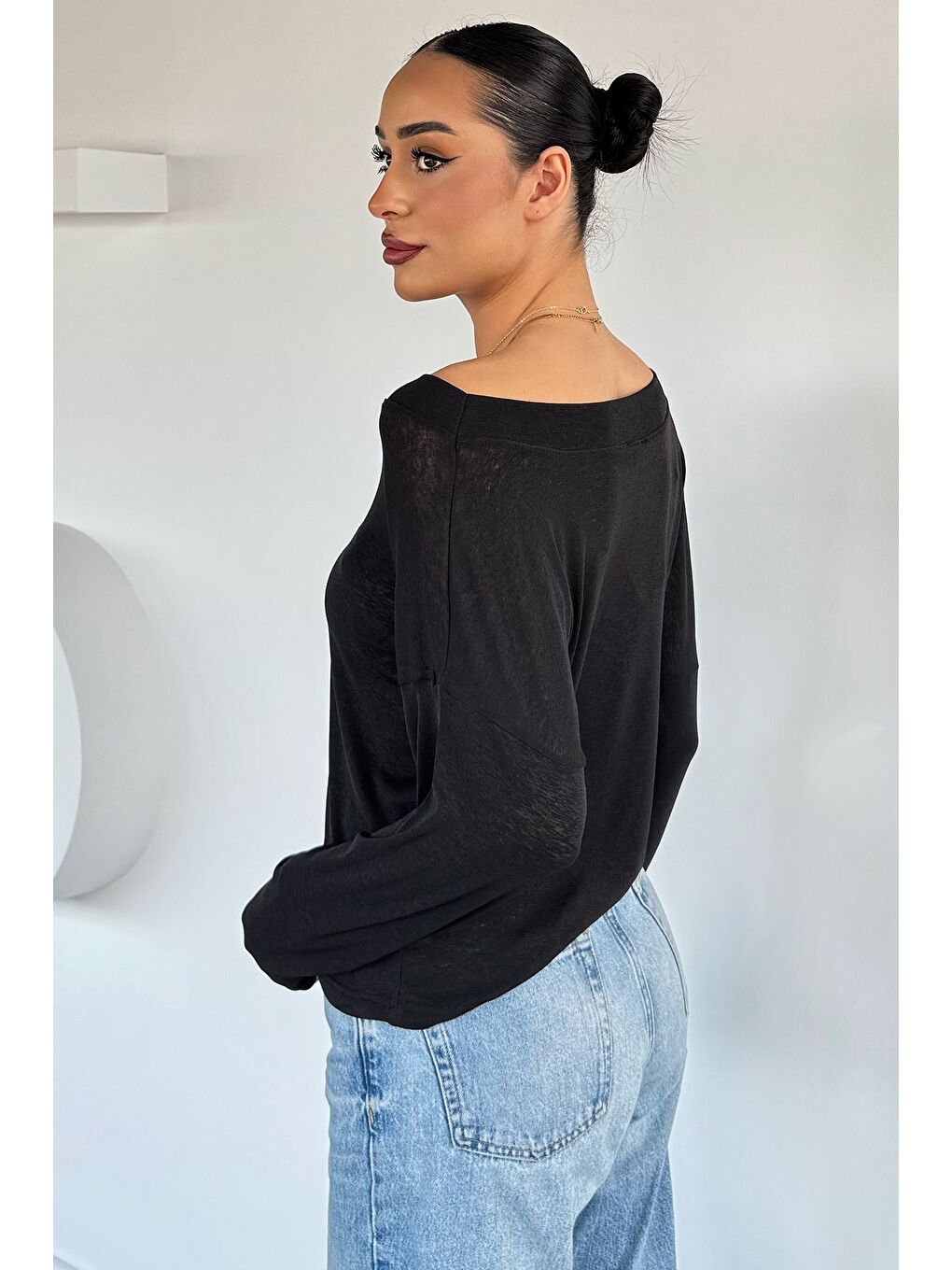 Siyah Kadın Kayık Yaka Elastanlı Basic Bluz-3