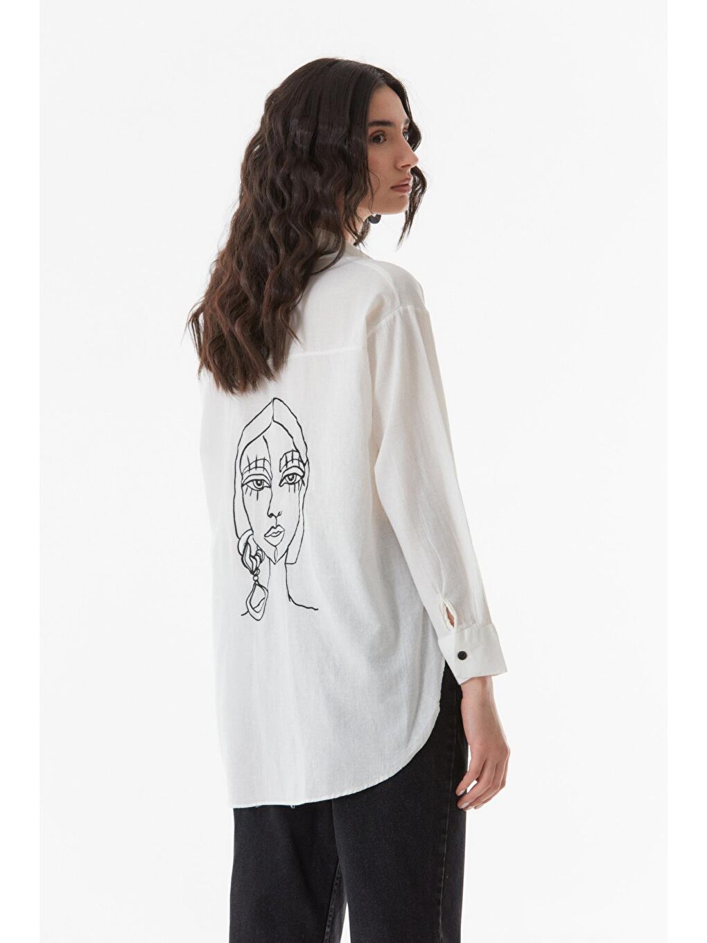 Ekru Nakışlı Uzun Kollu Salaş Keten Gömlek-4