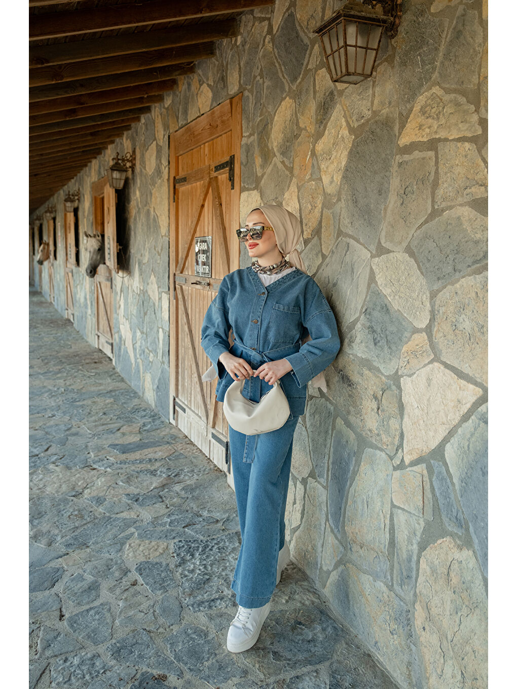 Kadın Kemerli Jean Takım Açık Mavi-1