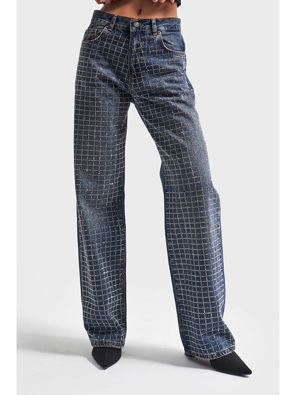 Mavi Kadın Jean Rengi t2w48 Loose Fit Orta Bel Parlak Taşlı Tasarım Denim