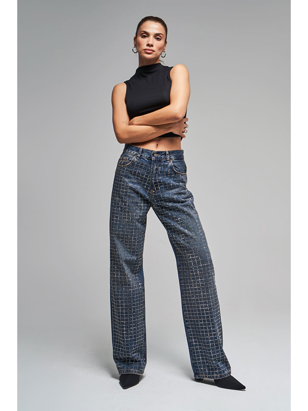 Mavi Kadın Jean Rengi t2w48 Loose Fit Orta Bel Parlak Taşlı Tasarım Denim-1