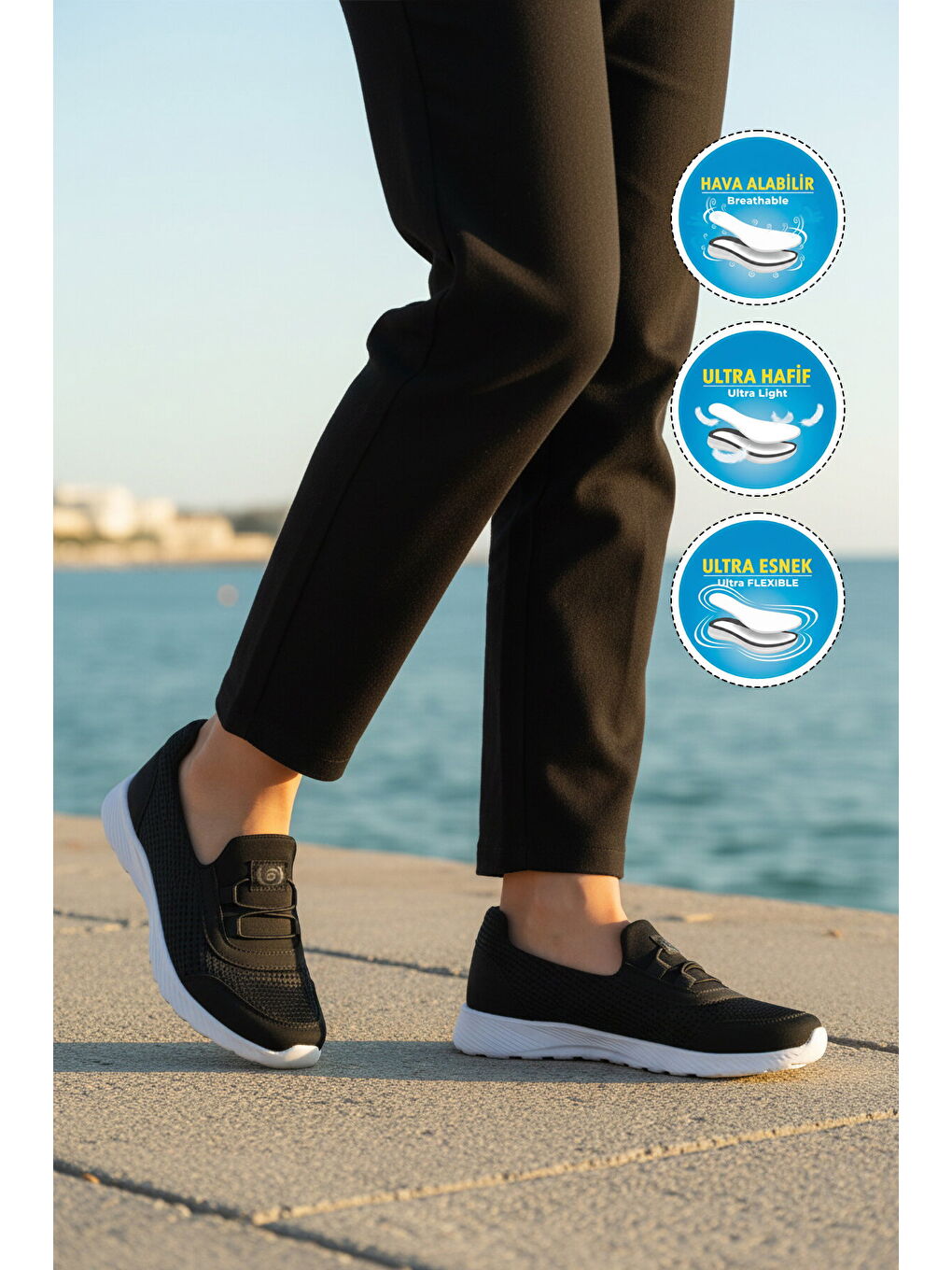 Siyah Beyaz Fileli Hafif Esnek Kolay Giyilebilir Kadın Casual Ayakkabı 575 G-2