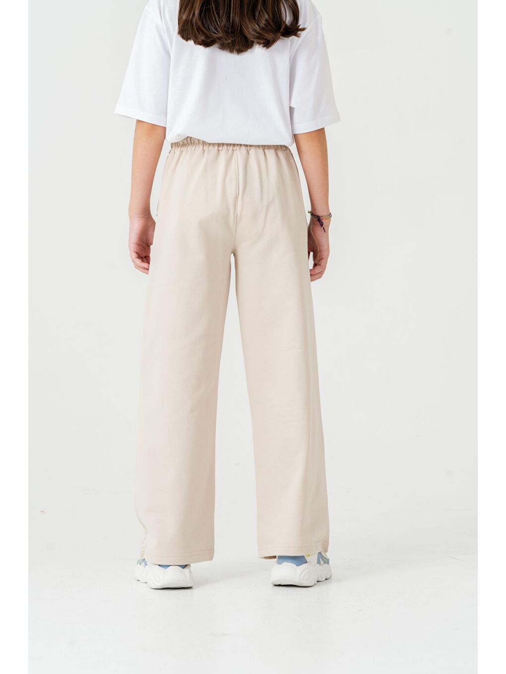 Bej Geniş Paçalı Balık Sırtı Yanları Şeritli Kız Çocuk Eşofman Altı-5