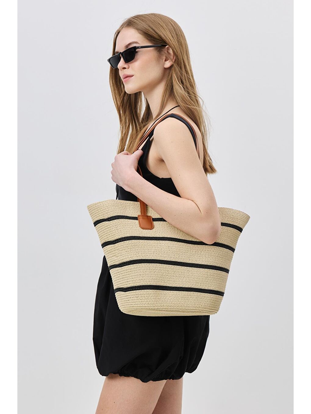 Askılı Hasır Omuz Çantası Y9201 Bej