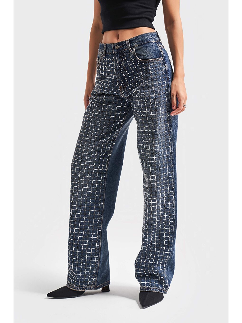 Mavi Kadın Jean Rengi t2w48 Loose Fit Orta Bel Parlak Taşlı Tasarım Denim-3