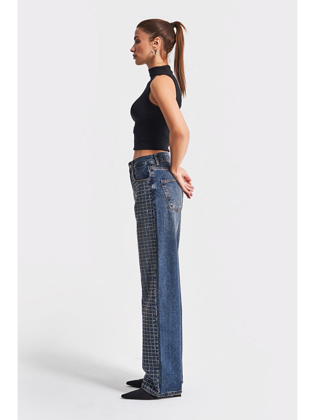 Mavi Kadın Jean Rengi t2w48 Loose Fit Orta Bel Parlak Taşlı Tasarım Denim-4